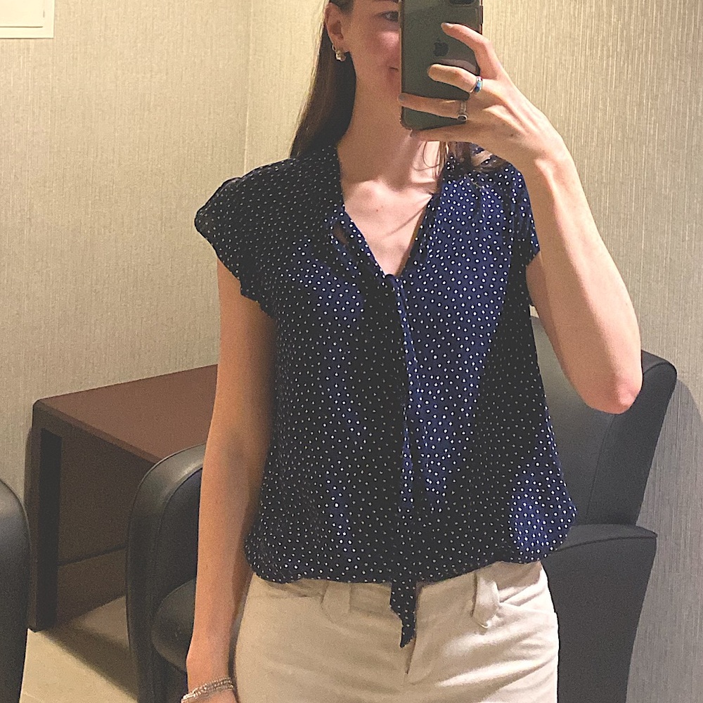 LOFT Blue and White Polka Dot Flutter Sleeve Blouse